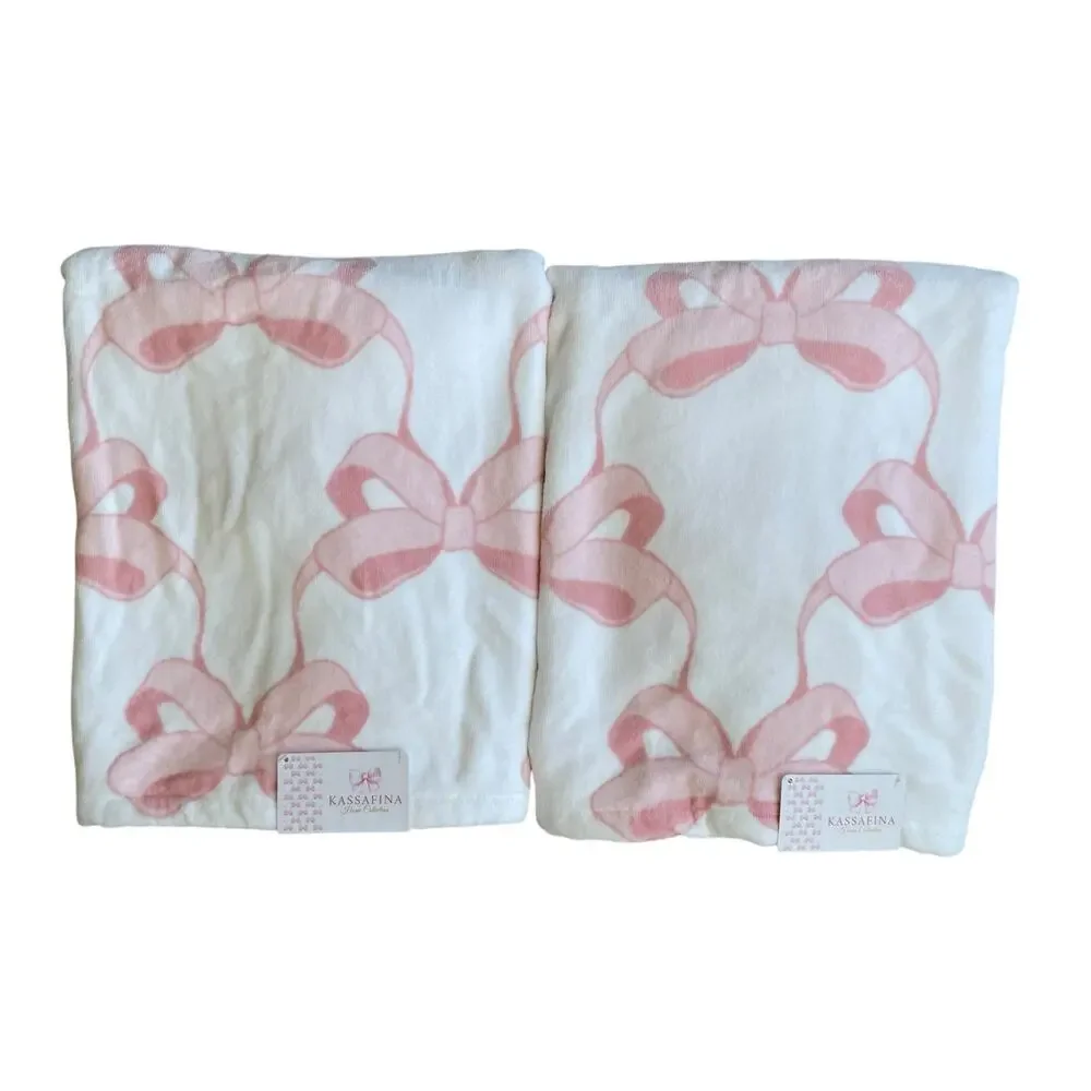 Kassafina Coquette Pink Bow Hand & Bath Towel 4PC Set 100% Cotton White NEW